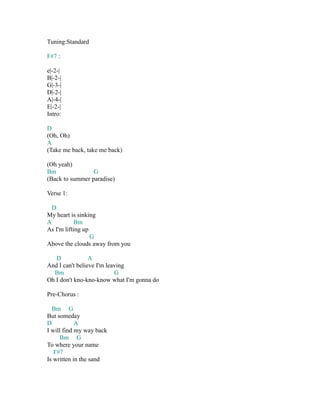 Tuning:Standard
F#7 :
e|-2-|
B|-2-|
G|-3-|
D|-2-|
A|-4-|
E|-2-|
Intro:
D
(Oh, Oh)
A
(Take me back, take me back)
(Oh yeah)
Bm
G
(Back to summer paradise)
Verse 1:
D
My heart is sinking
A
Bm
As I'm lifting up
G
Above the clouds away from you
D
A
And I can't believe I'm leaving
Bm
G
Oh I don't kno-kno-know what I'm gonna do
Pre-Chorus :
Bm G
But someday
D
A
I will find my way back
Bm G
To where your name
F#7
Is written in the sand

 