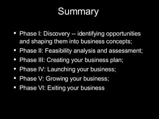 Summary  Phase I: Discovery -- identifying opportunities and shaping them into business concepts;  Phase II: Feasibility analysis and assessment;  Phase III: Creating your business plan;  Phase IV: Launching your business;  Phase V: Growing your business;  Phase VI: Exiting your business 