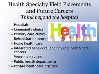 Health Specialty Field Placements
and Future Careers
Think beyond the hospital
– Hospitals
– Community clinics
– Primary care clinics
– Rehabilitation centers
– Home health care
– Integrated behavioral and physical health care
centers
– Veterans services
– Public health departments
– Private healthcare practice
 