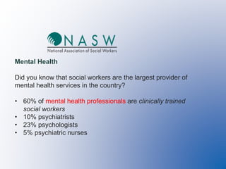 Mental Health
Did you know that social workers are the largest provider of
mental health services in the country?
• 60% of mental health professionals are clinically trained
social workers
• 10% psychiatrists
• 23% psychologists
• 5% psychiatric nurses
 