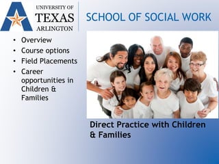 • Overview
• Course options
• Field Placements
• Career
opportunities in
Children &
Families
UNIVERSITY OF
TEXAS
ARLINGTON
SCHOOL OF SOCIAL WORK
Direct Practice with Children
& Families
 
