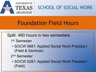 Split: 480 hours in two semesters
1st Semester
• SOCW 5681: Applied Social Work Practice I
(Field & Seminar)
2nd Semester
• SOCW 5281: Applied Social Work Practice I
(Field)
UNIVERSITY OF
TEXAS
ARLINGTON
SCHOOL OF SOCIAL WORK
Foundation Field Hours
 