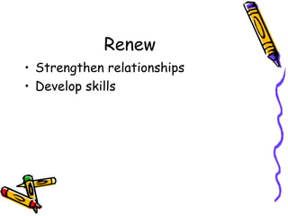 Renew Strengthen relationships Develop skills 