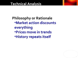 Technical Analysis Philosophy or Rationale Market action discounts everything Prices move in trends History repeats itself 