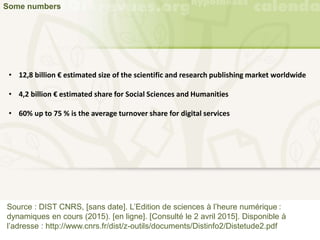 Some numbers
Source : DIST CNRS, [sans date]. L’Edition de sciences à l’heure numérique :
dynamiques en cours (2015). [en ligne]. [Consulté le 2 avril 2015]. Disponible à
l’adresse : http://www.cnrs.fr/dist/z-outils/documents/Distinfo2/Distetude2.pdf
• 12,8 billion € estimated size of the scientific and research publishing market worldwide
• 4,2 billion € estimated share for Social Sciences and Humanities
• 60% up to 75 % is the average turnover share for digital services
 