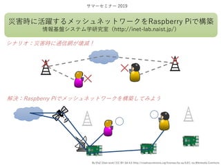 災害時に活躍するメッシュネットワークをRaspberry Piで構築
情報基盤システム学研究室（http://inet-lab.naist.jp/）
サマーセミナー 2019
シナリオ：災害時に通信網が壊滅！
解決：Raspberry Piでメ...
