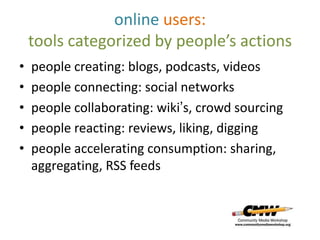 online users:
tools categorized by people’s actions
• people creating: blogs, podcasts, videos
• people connecting: social networks
• people collaborating: wiki’s, crowd sourcing
• people reacting: reviews, liking, digging
• people accelerating consumption: sharing,
aggregating, RSS feeds
 