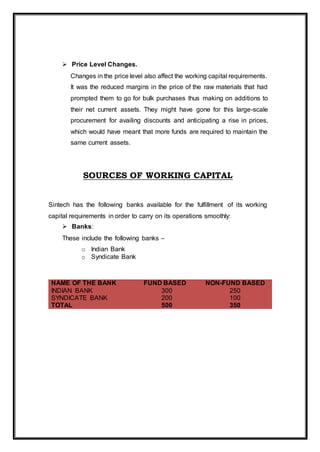  Price Level Changes.
Changes in the price level also affect the working capital requirements.
It was the reduced margins in the price of the raw materials that had
prompted them to go for bulk purchases thus making on additions to
their net current assets. They might have gone for this large-scale
procurement for availing discounts and anticipating a rise in prices,
which would have meant that more funds are required to maintain the
same current assets.
SOURCES OF WORKING CAPITAL
Sintech has the following banks available for the fulfillment of its working
capital requirements in order to carry on its operations smoothly:
 Banks:
These include the following banks –
o Indian Bank
o Syndicate Bank
NAME OF THE BANK FUND BASED NON-FUND BASED
INDIAN BANK 300 250
SYNDICATE BANK 200 100
TOTAL 500 350
 