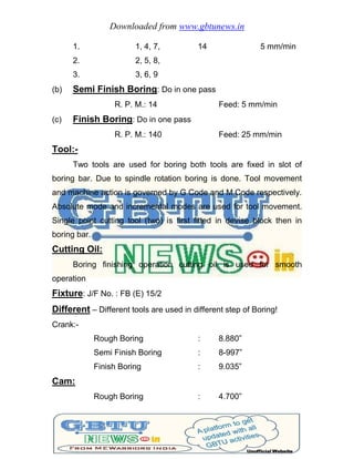 Downloaded from www.gbtunews.in
1. 1, 4, 7, 14 5 mm/min
2. 2, 5, 8,
3. 3, 6, 9
(b) Semi Finish Boring: Do in one pass
R. P. M.: 14 Feed: 5 mm/min
(c) Finish Boring: Do in one pass
R. P. M.: 140 Feed: 25 mm/min
Tool:-
Two tools are used for boring both tools are fixed in slot of
boring bar. Due to spindle rotation boring is done. Tool movement
and machine action is governed by G Code and M Code respectively.
Absolute mode and incremental modes are used for tool movement.
Single point cutting tool (two) is first fitted in devise block then in
boring bar.
Cutting Oil:
Boring finishing operation cutting oil is used for smooth
operation
Fixture: J/F No. : FB (E) 15/2
Different – Different tools are used in different step of Boring!
Crank:-
Rough Boring : 8.880”
Semi Finish Boring : 8-997”
Finish Boring : 9.035”
Cam:
Rough Boring : 4.700”
 