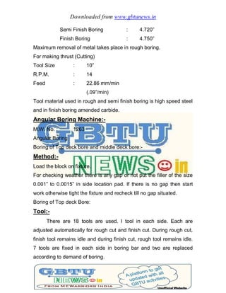 Downloaded from www.gbtunews.in
Semi Finish Boring : 4.720”
Finish Boring : 4.750”
Maximum removal of metal takes place in rough boring.
For making thrust (Cutting)
Tool Size : 10”
R.P.M. : 14
Feed : 22.86 mm/min
(.09”/min)
Tool material used in rough and semi finish boring is high speed steel
and in finish boring amended carbide.
Angular Boring Machine:-
M.W. No. : 1263
Angular Boring
Boring of Top deck bore and middle deck bore:-
Method:-
Load the block on fixture.
For checking weather there is any gap or not put the filler of the size
0.001” to 0.0015” in side location pad. If there is no gap then start
work otherwise tight the fixture and recheck till no gap situated.
Boring of Top deck Bore:
Tool:-
There are 18 tools are used. I tool in each side. Each are
adjusted automatically for rough cut and finish cut. During rough cut,
finish tool remains idle and during finish cut, rough tool remains idle.
7 tools are fixed in each side in boring bar and two are replaced
according to demand of boring.
 