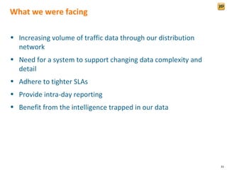 What we were facing

• Increasing volume of traffic data through our distribution
  network
• Need for a system to support changing data complexity and
  detail
• Adhere to tighter SLAs
• Provide intra-day reporting
• Benefit from the intelligence trapped in our data




                                                               21
 