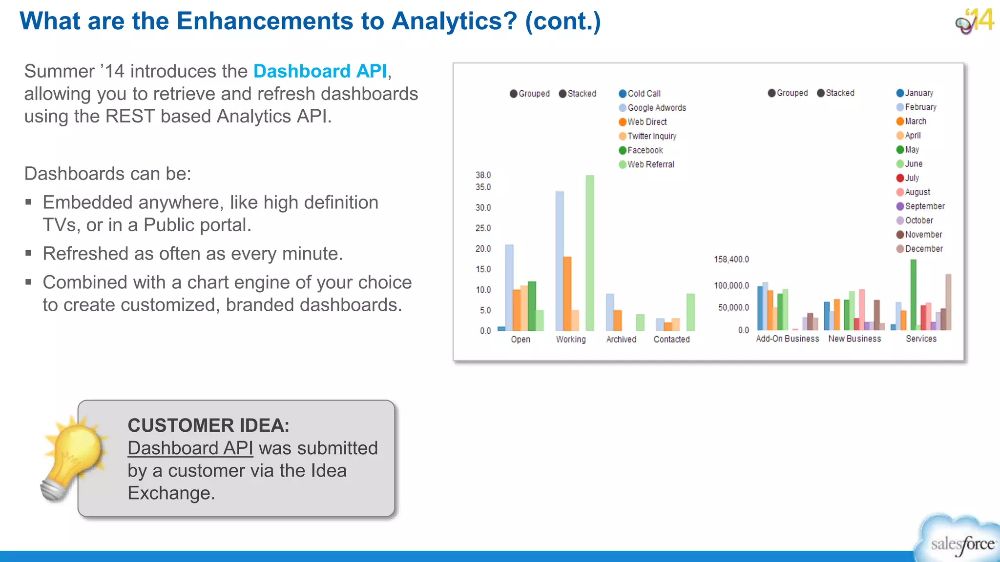 Summer ’14 introduces the Dashboard API,
allowing you to retrieve and refresh dashboards
using the REST based Analytics API.
Dashboards can be:
 Embedded anywhere, like high definition
TVs, or in a Public portal.
 Refreshed as often as every minute.
 Combined with a chart engine of your choice
to create customized, branded dashboards.
What are the Enhancements to Analytics? (cont.)
CUSTOMER IDEA:
Dashboard API was submitted
by a customer via the Idea
Exchange.
 