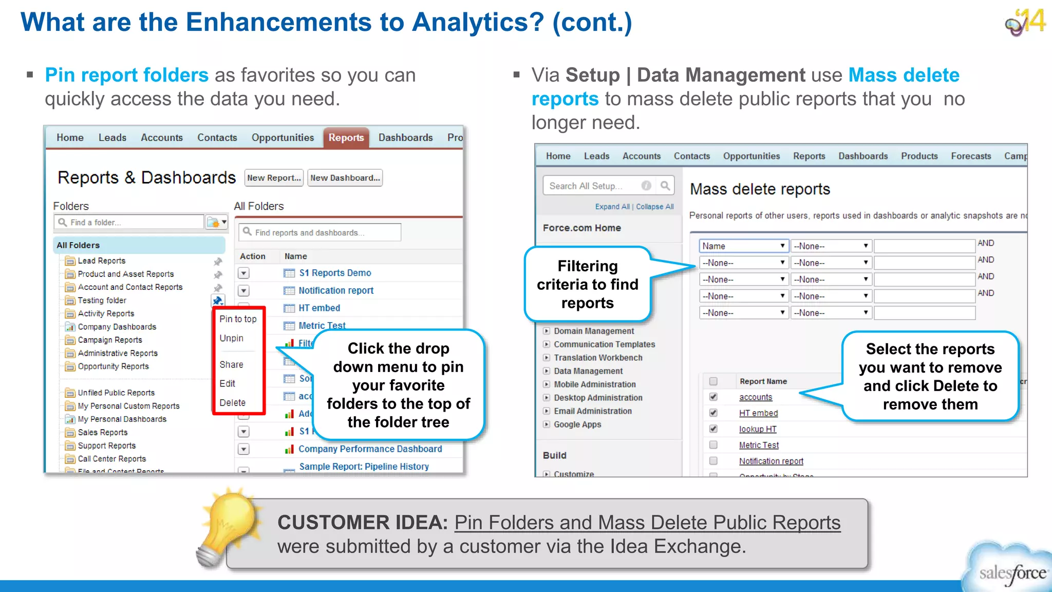 What are the Enhancements to Analytics? (cont.)
 Pin report folders as favorites so you can
quickly access the data you need.
 Via Setup | Data Management use Mass delete
reports to mass delete public reports that you no
longer need.
Click the drop
down menu to pin
your favorite
folders to the top of
the folder tree
Filtering
criteria to find
reports
Select the reports
you want to remove
and click Delete to
remove them
CUSTOMER IDEA: Pin Folders and Mass Delete Public Reports
were submitted by a customer via the Idea Exchange.
 