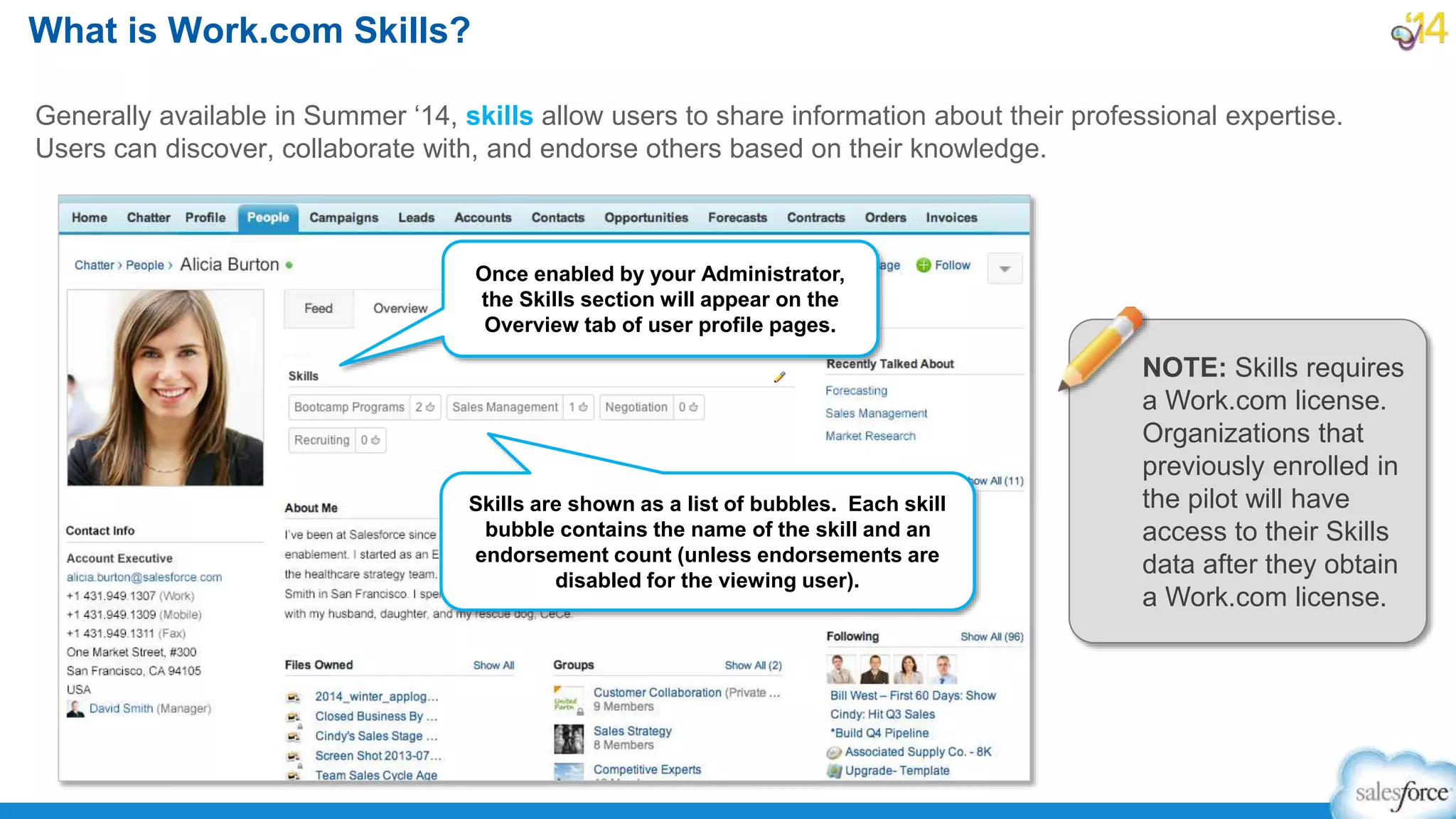 Generally available in Summer ‘14, skills allow users to share information about their professional expertise.
Users can discover, collaborate with, and endorse others based on their knowledge.
What is Work.com Skills?
Skills are shown as a list of bubbles. Each skill
bubble contains the name of the skill and an
endorsement count (unless endorsements are
disabled for the viewing user).
Once enabled by your Administrator,
the Skills section will appear on the
Overview tab of user profile pages.
NOTE: Skills requires
a Work.com license.
Organizations that
previously enrolled in
the pilot will have
access to their Skills
data after they obtain
a Work.com license.
 