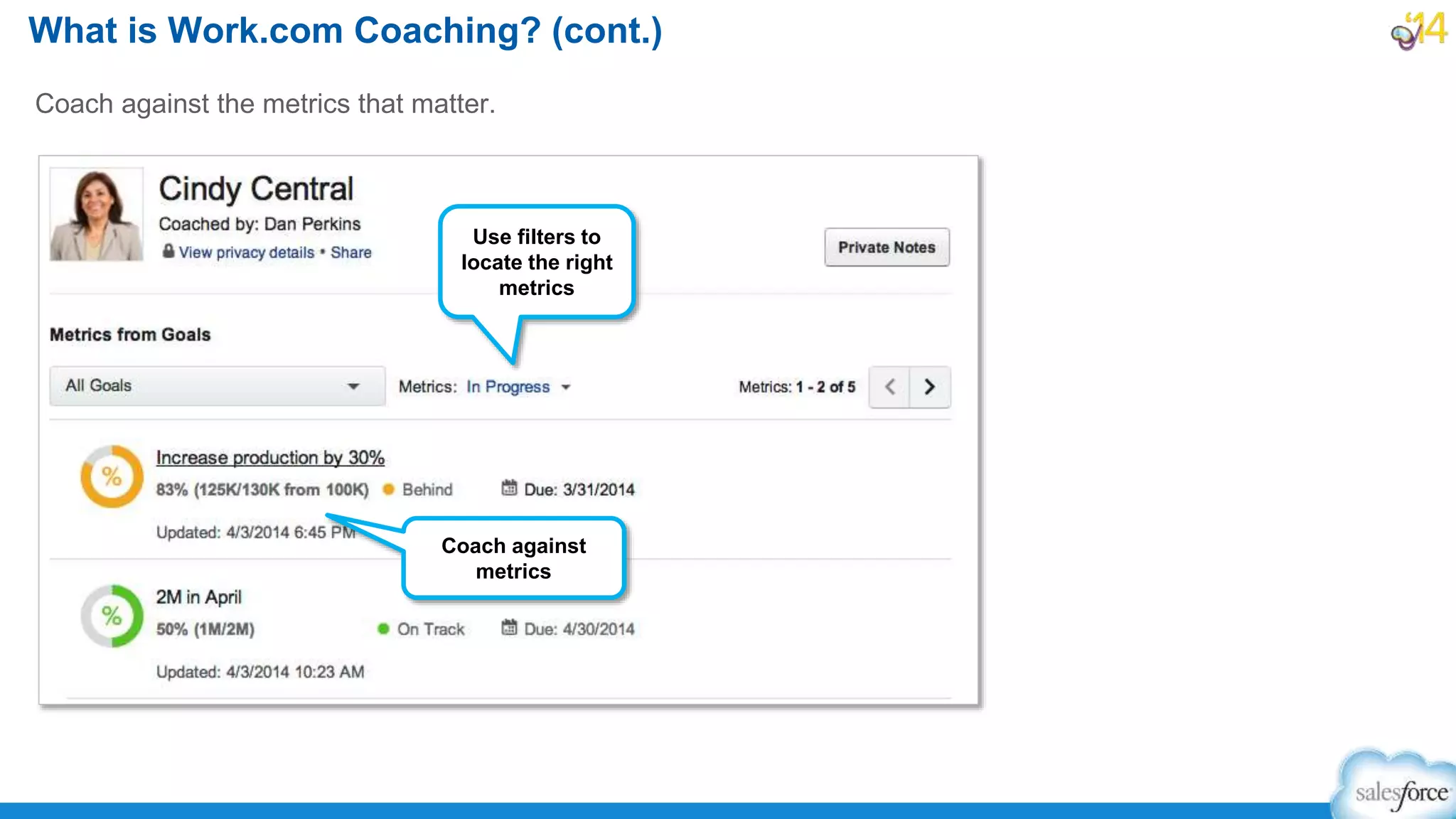 What is Work.com Coaching? (cont.)
Coach against the metrics that matter.
Coach against
metrics
Use filters to
locate the right
metrics
 