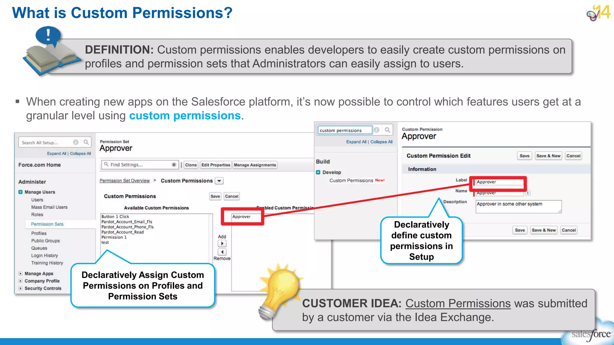  When creating new apps on the Salesforce platform, it’s now possible to control which features users get at a
granular level using custom permissions.
What is Custom Permissions?
DEFINITION: Custom permissions enables developers to easily create custom permissions on
profiles and permission sets that Administrators can easily assign to users.
Declaratively Assign Custom
Permissions on Profiles and
Permission Sets
Declaratively
define custom
permissions in
Setup
CUSTOMER IDEA: Custom Permissions was submitted
by a customer via the Idea Exchange.
 