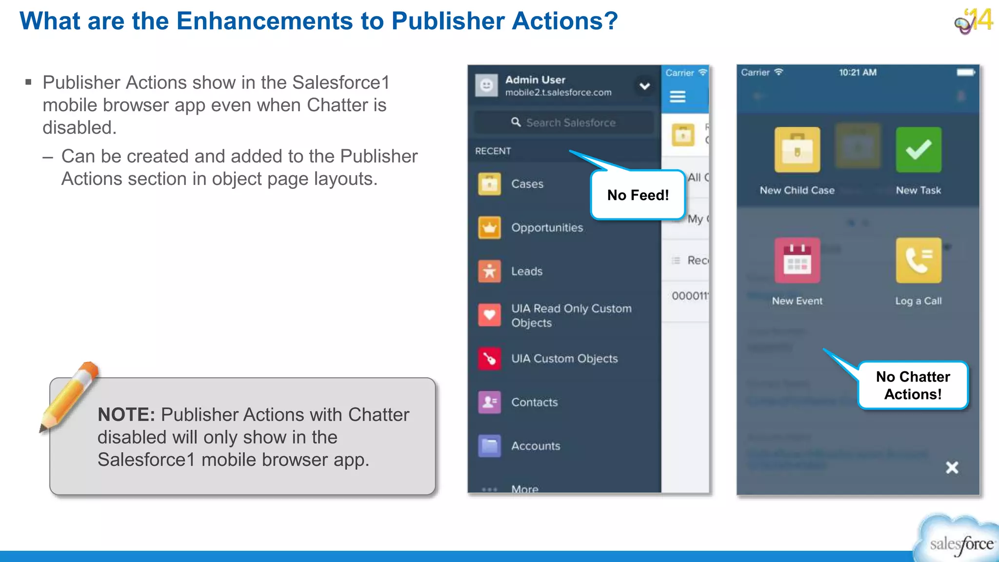  Publisher Actions show in the Salesforce1
mobile browser app even when Chatter is
disabled.
– Can be created and added to the Publisher
Actions section in object page layouts.
What are the Enhancements to Publisher Actions?
NOTE: Publisher Actions with Chatter
disabled will only show in the
Salesforce1 mobile browser app.
No Feed!
No Chatter
Actions!
 