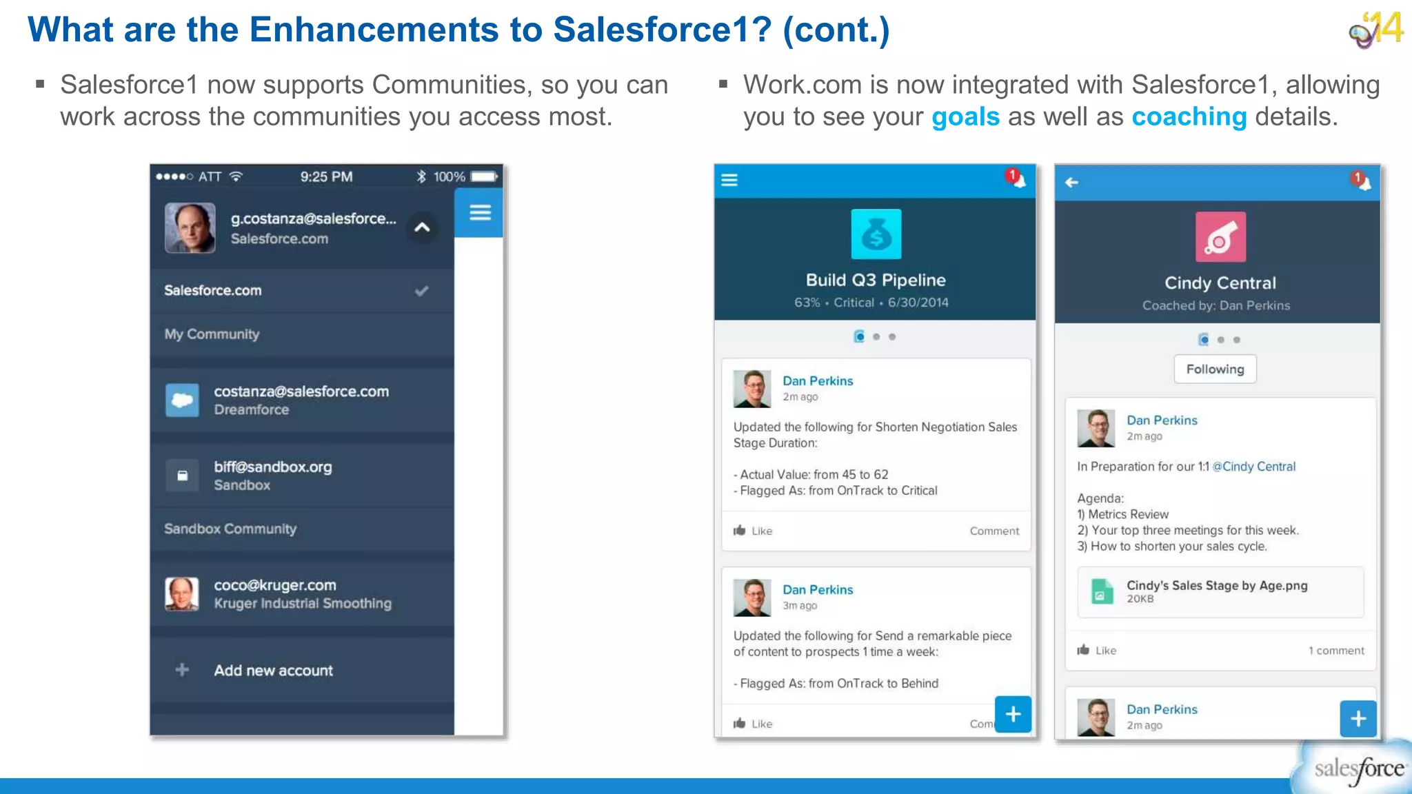 What are the Enhancements to Salesforce1? (cont.)
 Salesforce1 now supports Communities, so you can
work across the communities you access most.
 Work.com is now integrated with Salesforce1, allowing
you to see your goals as well as coaching details.
 
