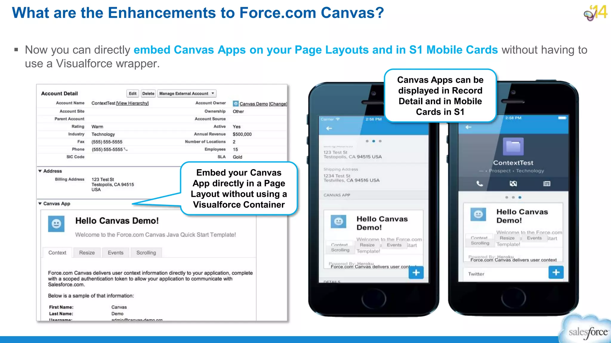  Now you can directly embed Canvas Apps on your Page Layouts and in S1 Mobile Cards without having to
use a Visualforce wrapper.
What are the Enhancements to Force.com Canvas?
Embed your Canvas
App directly in a Page
Layout without using a
Visualforce Container
Canvas Apps can be
displayed in Record
Detail and in Mobile
Cards in S1
 