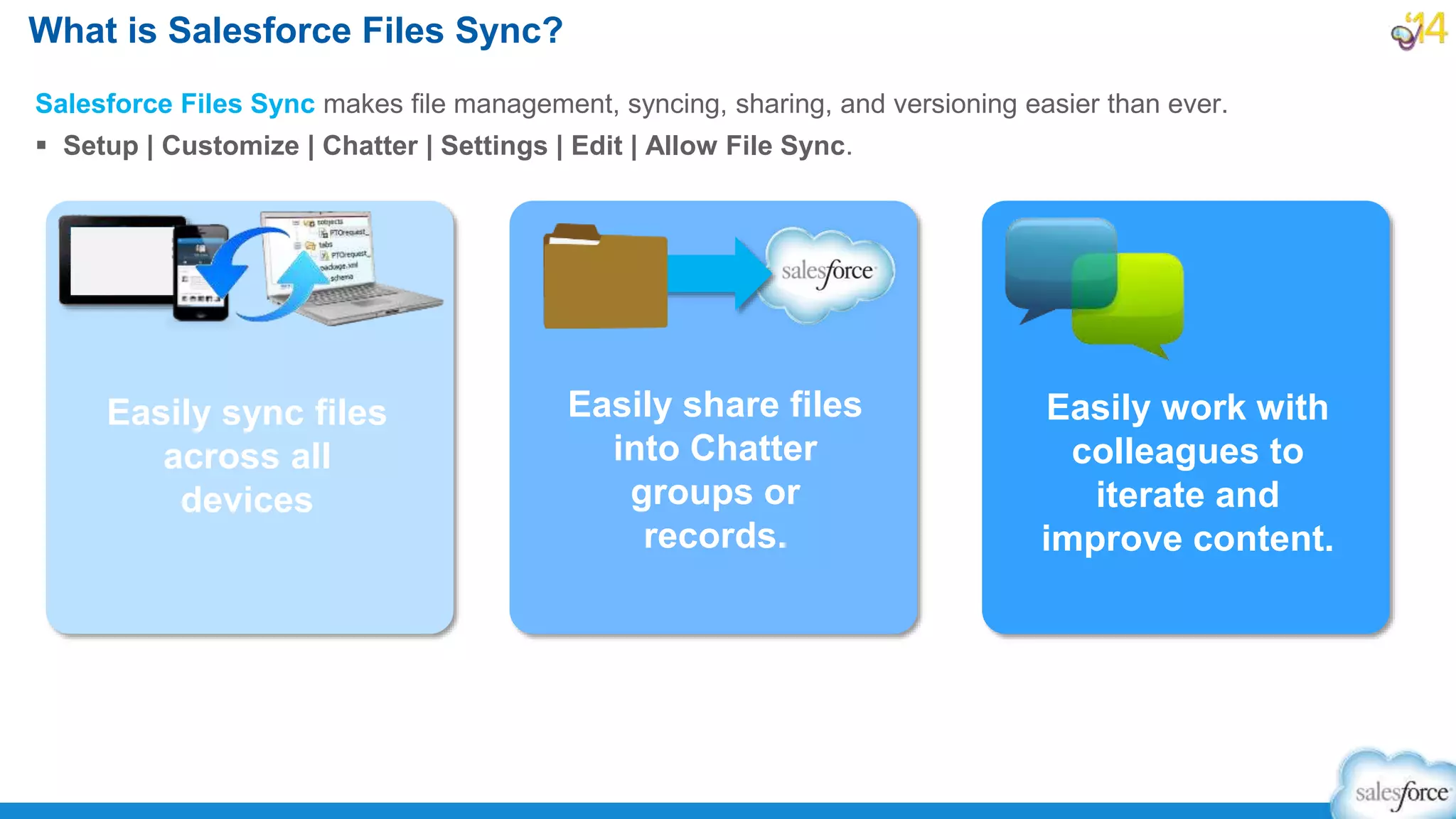 Salesforce Files Sync makes file management, syncing, sharing, and versioning easier than ever.
 Setup | Customize | Chatter | Settings | Edit | Allow File Sync.
What is Salesforce Files Sync?
Easily sync files
across all
devices
Easily share files
into Chatter
groups or
records.
Easily work with
colleagues to
iterate and
improve content.
 