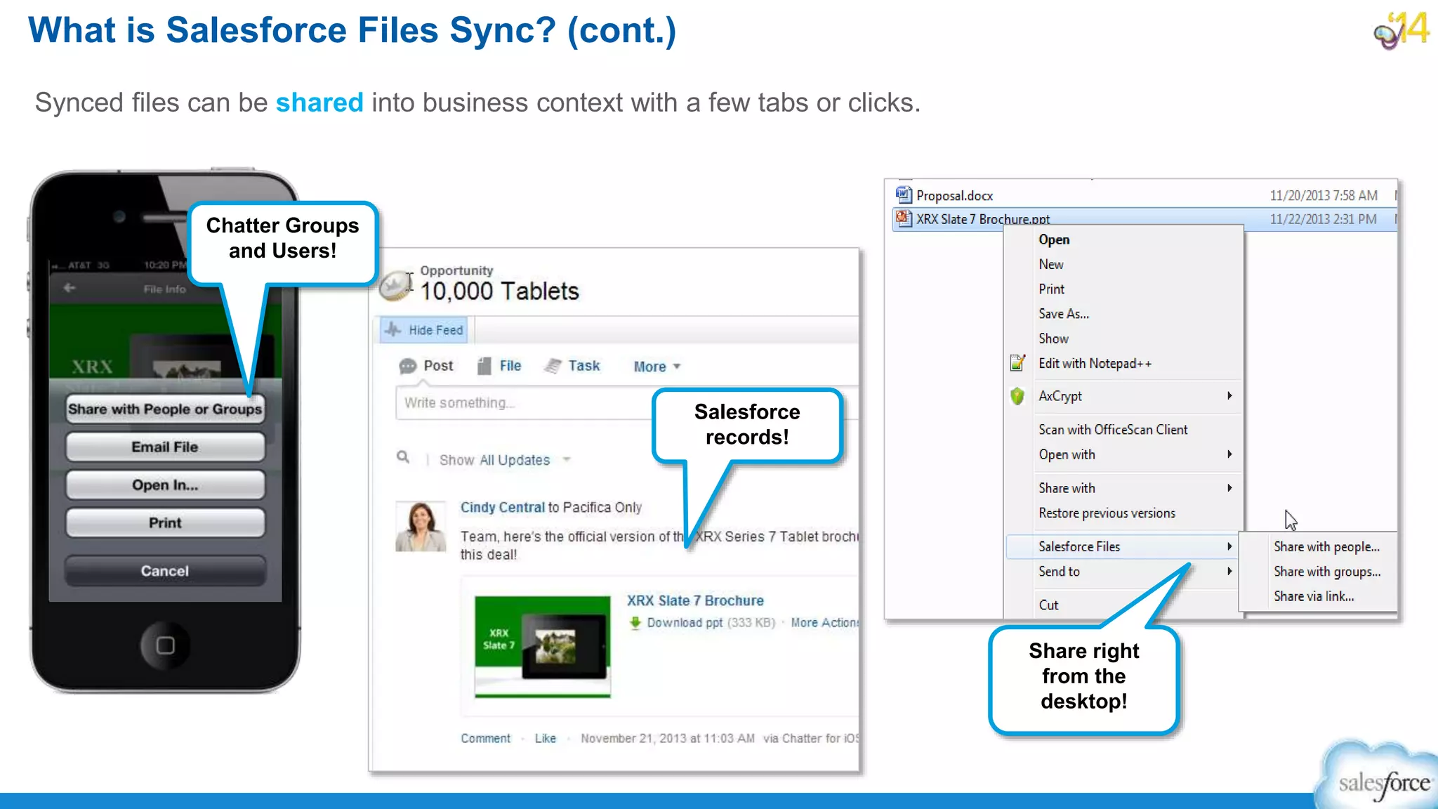 Synced files can be shared into business context with a few tabs or clicks.
What is Salesforce Files Sync? (cont.)
Salesforce
records!
Chatter Groups
and Users!
Share right
from the
desktop!
 