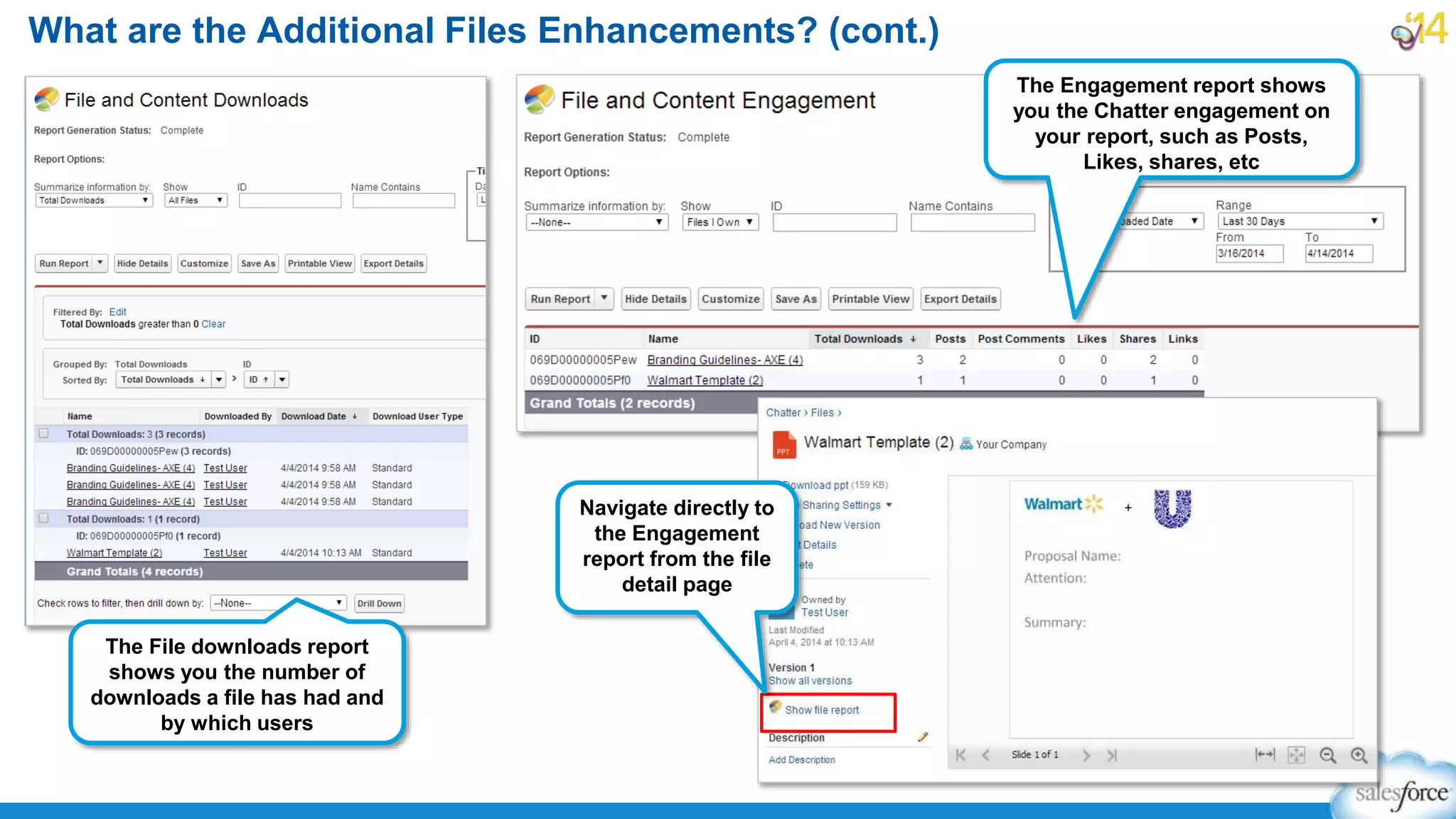 What are the Additional Files Enhancements? (cont.)
The File downloads report
shows you the number of
downloads a file has had and
by which users
The Engagement report shows
you the Chatter engagement on
your report, such as Posts,
Likes, shares, etc
Navigate directly to
the Engagement
report from the file
detail page
 