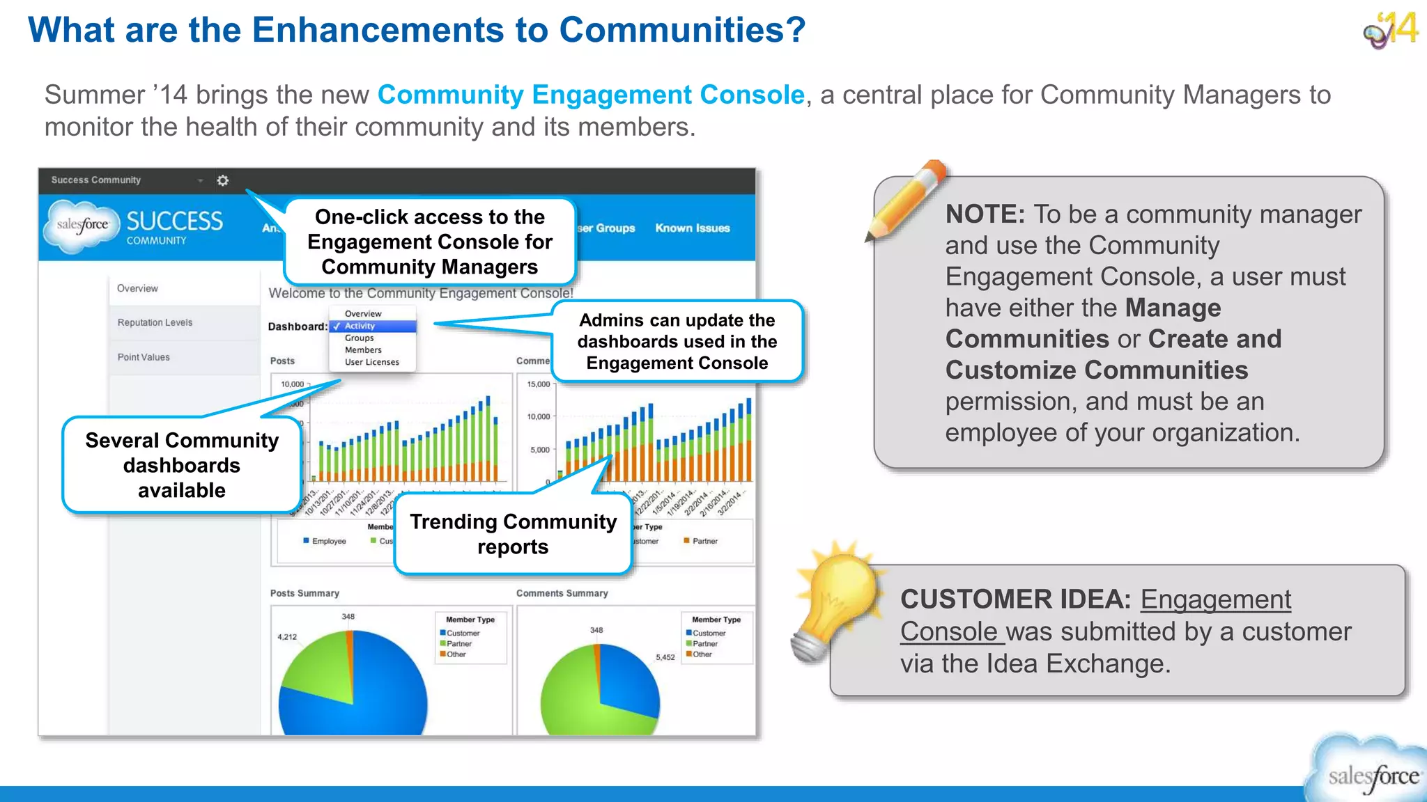 What are the Enhancements to Communities?
Summer ’14 brings the new Community Engagement Console, a central place for Community Managers to
monitor the health of their community and its members.
Several Community
dashboards
available
Trending Community
reports
One-click access to the
Engagement Console for
Community Managers
Admins can update the
dashboards used in the
Engagement Console
NOTE: To be a community manager
and use the Community
Engagement Console, a user must
have either the Manage
Communities or Create and
Customize Communities
permission, and must be an
employee of your organization.
CUSTOMER IDEA: Engagement
Console was submitted by a customer
via the Idea Exchange.
 