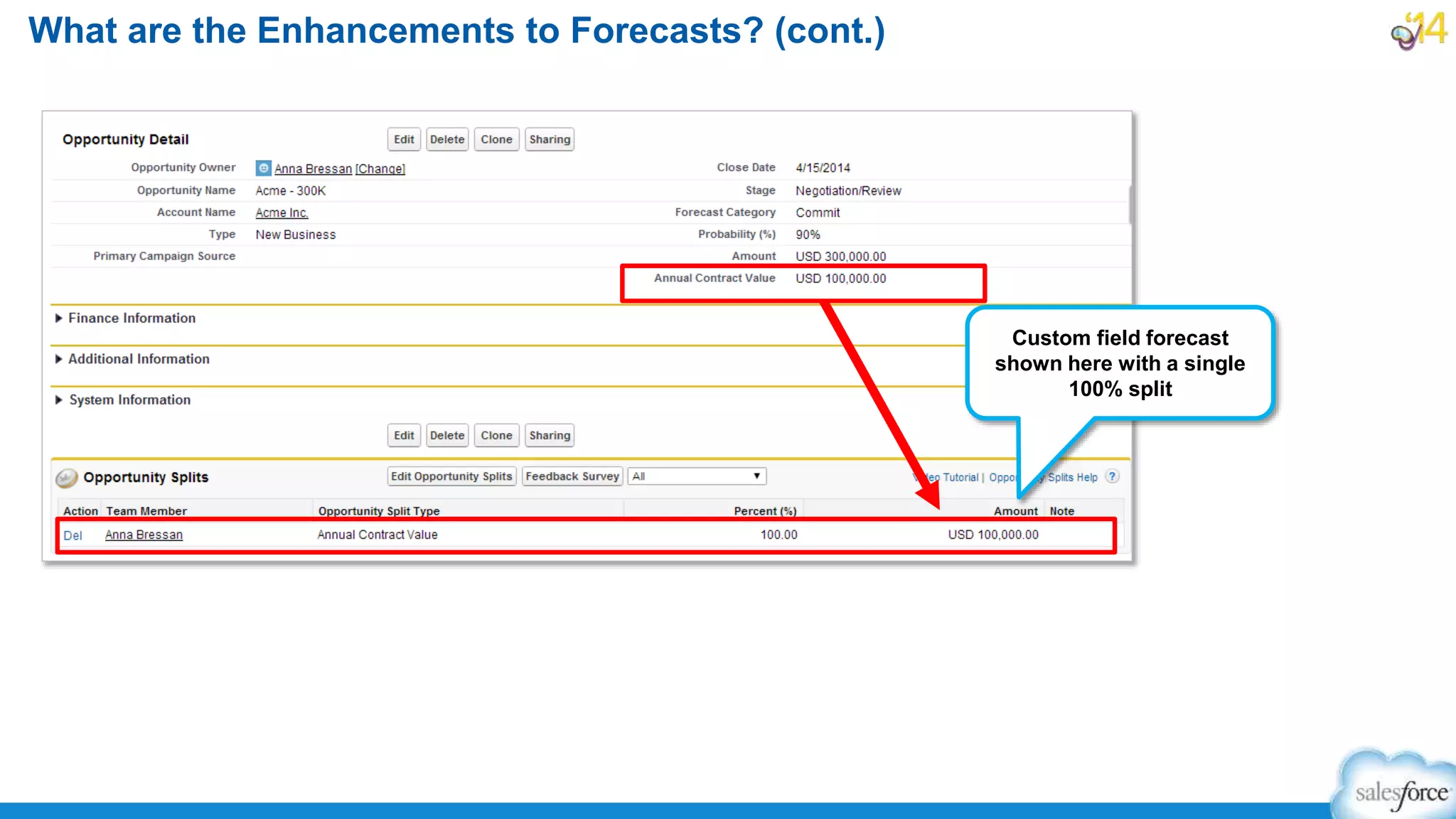 What are the Enhancements to Forecasts? (cont.)
Custom field forecast
shown here with a single
100% split
 