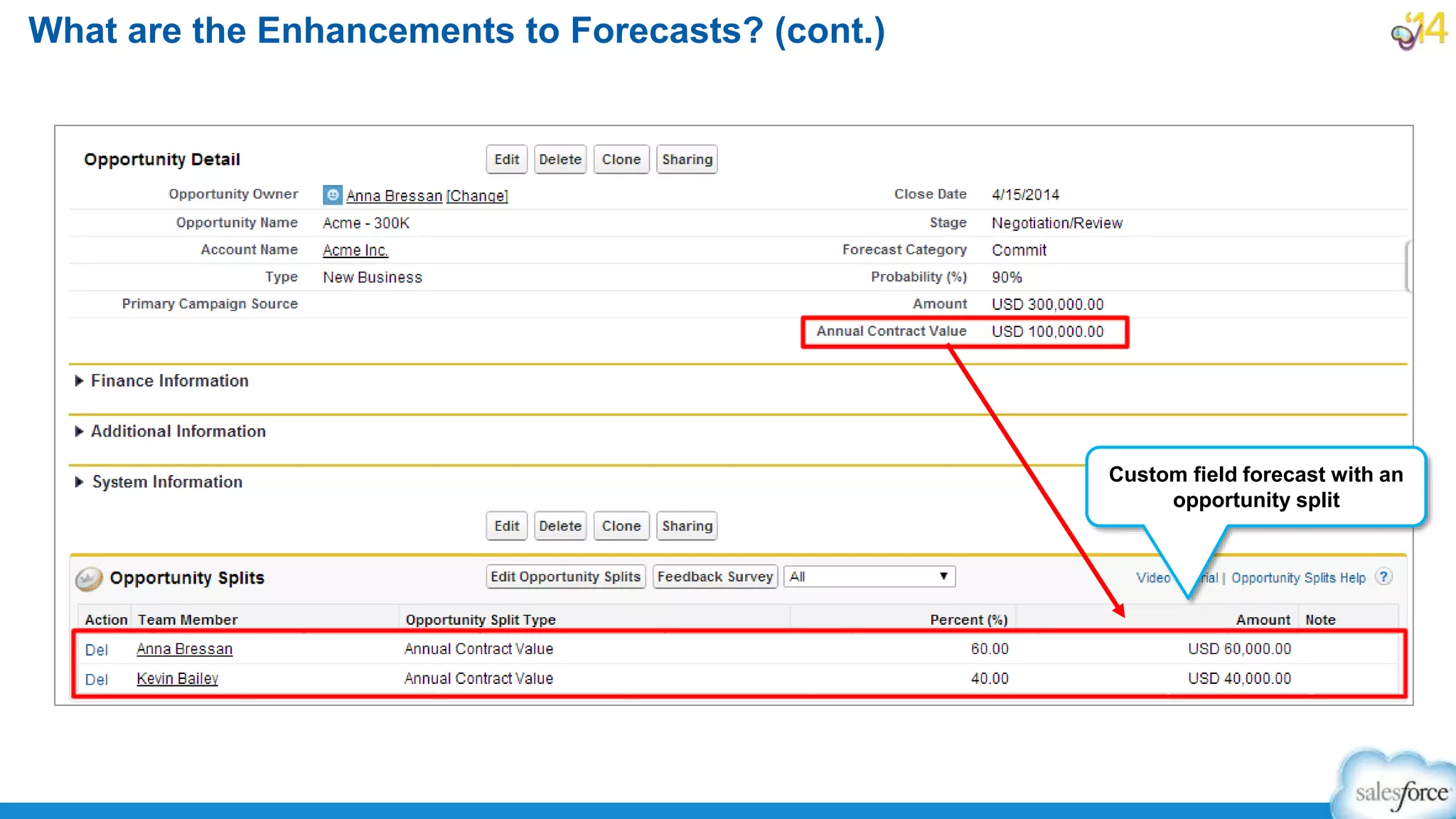 What are the Enhancements to Forecasts? (cont.)
Custom field forecast with an
opportunity split
 