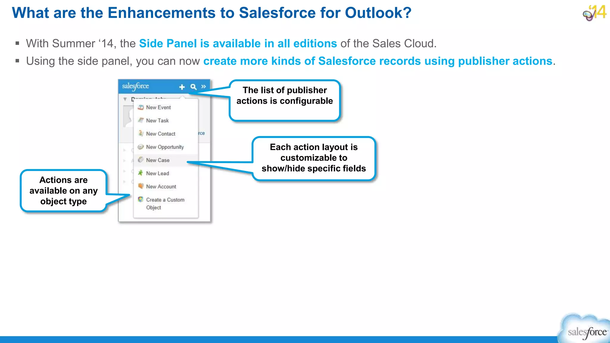  With Summer ‘14, the Side Panel is available in all editions of the Sales Cloud.
 Using the side panel, you can now create more kinds of Salesforce records using publisher actions.
What are the Enhancements to Salesforce for Outlook?
The list of publisher
actions is configurable
Each action layout is
customizable to
show/hide specific fields
Actions are
available on any
object type
 