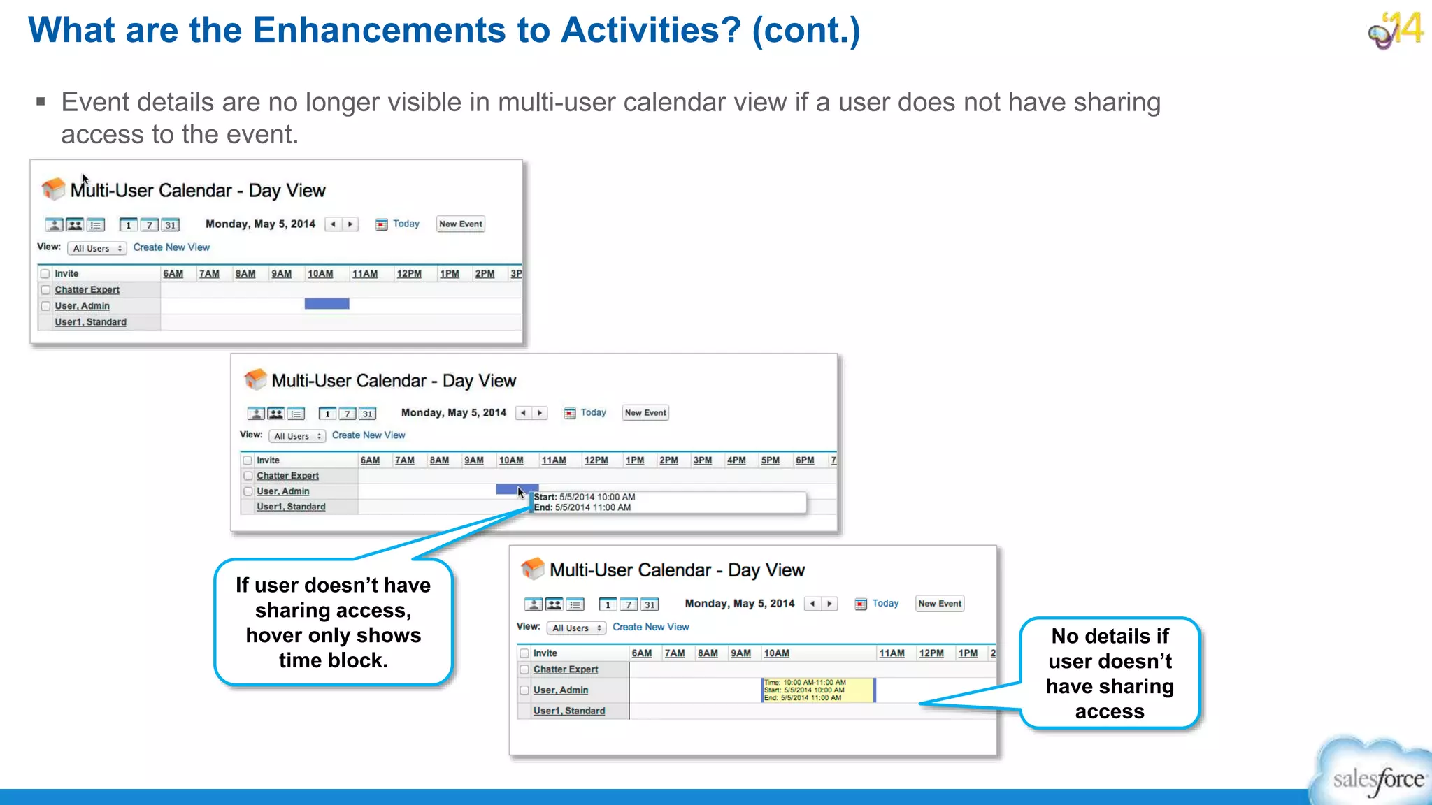 What are the Enhancements to Activities? (cont.)
 Event details are no longer visible in multi-user calendar view if a user does not have sharing
access to the event.
If user doesn’t have
sharing access,
hover only shows
time block.
No details if
user doesn’t
have sharing
access
 
