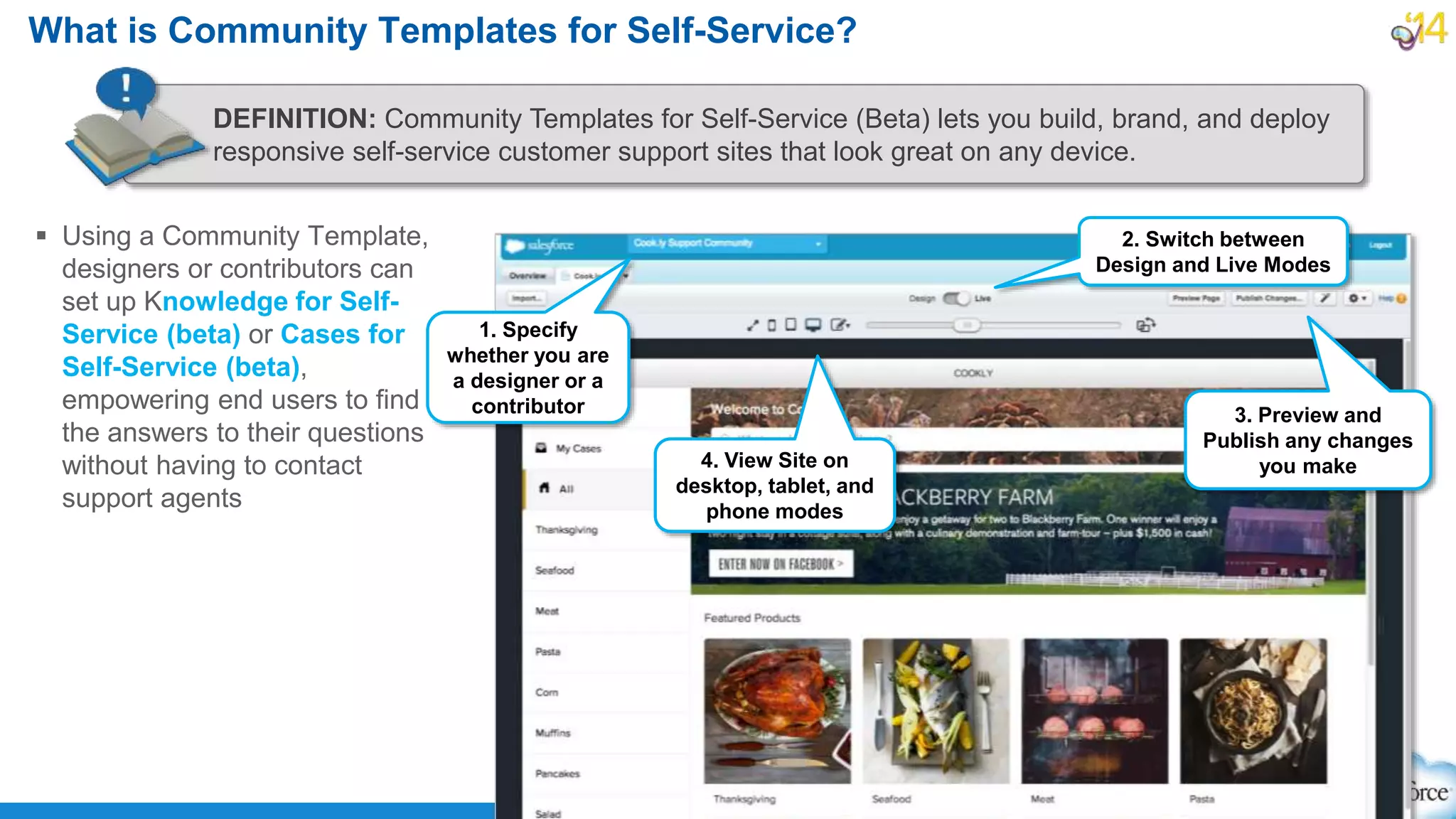  Using a Community Template,
designers or contributors can
set up Knowledge for Self-
Service (beta) or Cases for
Self-Service (beta),
empowering end users to find
the answers to their questions
without having to contact
support agents
What is Community Templates for Self-Service?
DEFINITION: Community Templates for Self-Service (Beta) lets you build, brand, and deploy
responsive self-service customer support sites that look great on any device.
1. Specify
whether you are
a designer or a
contributor
2. Switch between
Design and Live Modes
3. Preview and
Publish any changes
you make4. View Site on
desktop, tablet, and
phone modes
 