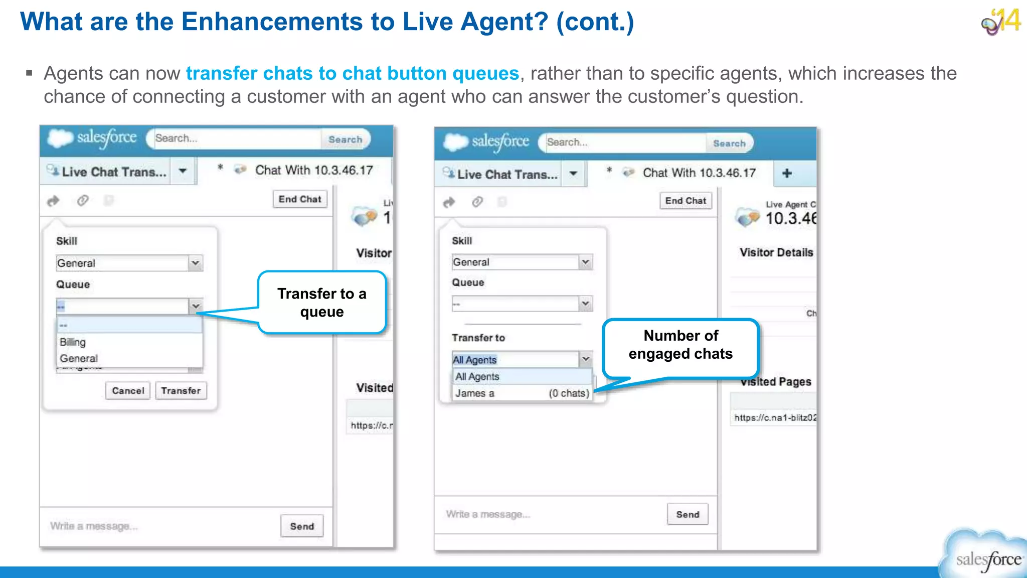  Agents can now transfer chats to chat button queues, rather than to specific agents, which increases the
chance of connecting a customer with an agent who can answer the customer’s question.
What are the Enhancements to Live Agent? (cont.)
Transfer to a
queue
Number of
engaged chats
 