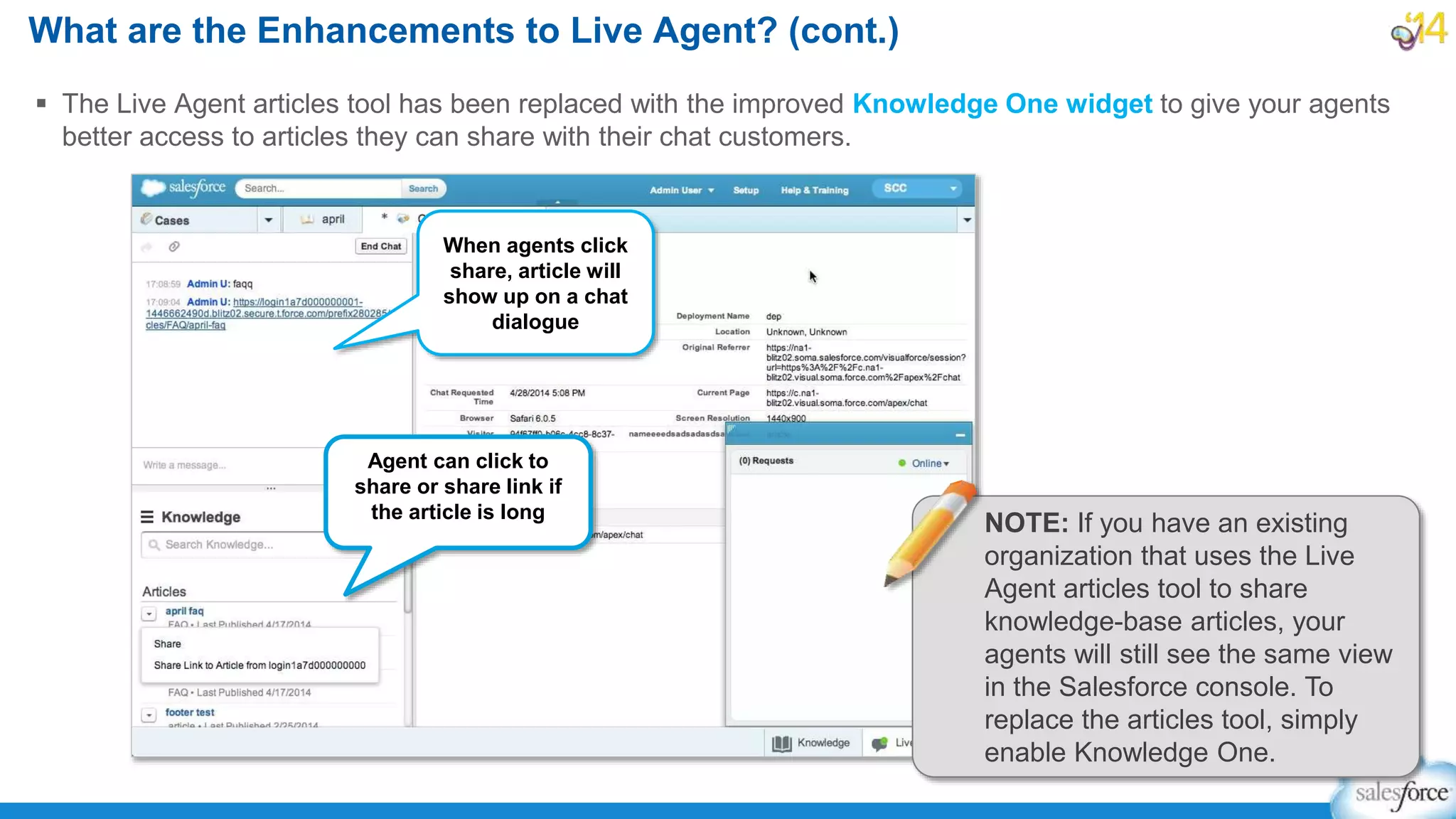 The Live Agent articles tool has been replaced with the improved Knowledge One widget to give your agents
better access to articles they can share with their chat customers.
What are the Enhancements to Live Agent? (cont.)
When agents click
share, article will
show up on a chat
dialogue
Agent can click to
share or share link if
the article is long
NOTE: If you have an existing
organization that uses the Live
Agent articles tool to share
knowledge-base articles, your
agents will still see the same view
in the Salesforce console. To
replace the articles tool, simply
enable Knowledge One.
 