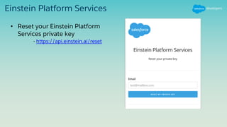 Einstein Platform Services
• Reset your Einstein Platform
Services private key
- https://api.einstein.ai/reset
 