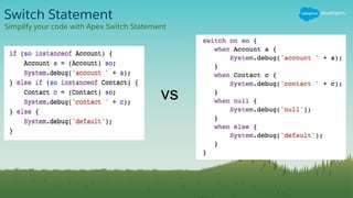 Switch Statement
Simplify your code with Apex Switch Statement
vs
 