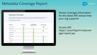 Metadata Coverage Report
Shows coverage information
for the latest API version that
your org supports
Access URL
https://yourOrgUrl/mdcover
age/report.jsp
 