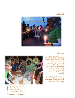 ‫شموع‬ ‫قعدة‬
:
‫عن‬ ‫فيديو‬ ‫كليبات‬ ‫مشاهدة‬
‫األمراض‬
‫لتدخين‬ ‫يسببها‬ ‫التي‬ ‫والمشاكل‬
‫رواياك‬ ‫انقذ‬
‫نحضر‬
‫بطاقات‬
‫اللعبة‬
(
‫في‬ ‫كما‬
‫أدناه‬ ‫الجدول‬
)
‫و‬
‫نشكل‬
‫فريقين‬
.
‫على‬
‫كل‬
‫فريق‬
‫استكمال‬
‫الجملة‬
‫التي‬
‫يقولها‬
‫ق‬
‫ائد‬
‫اللعبة‬
.
‫على‬ ‫ببطاقات‬ ‫الفريق‬ ‫يستعين‬
‫العبارات‬ ‫تعرض‬ ‫األرض‬
‫عن‬ ‫تتحدث‬ ‫والتي‬ ‫الكاملة‬
‫التدخين‬
.
‫أن‬ ‫يمكن‬
‫نحضر‬
‫نموذحًا‬
‫يمثل‬
‫تلوث‬
‫الرئة‬
‫بالدخان‬
‫ونستخدمه‬
‫بتعيير‬
‫وقت‬
‫كل‬
‫مجموعة‬
.
.
‫ب‬ ‫العبارات‬ ‫نكمل‬ ‫بدنا‬
‫أقل‬
‫الروايا‬ ‫للنقذ‬ ‫ممكن‬ ‫وقت‬
‫الدخان‬ ‫يعبيها‬ ‫ما‬ ‫قبل‬
 