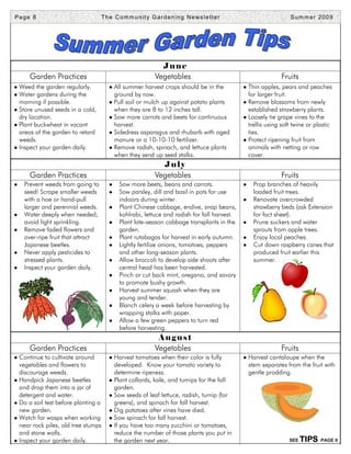 Page 8                             T h e C o m m u n i t y G a r d e n i n g N e ws l e t t e r                           Summer 2009




                                                                June
      Garden Practices                                        Vegetables                                            Fruits
● Weed the garden regularly.          ● All summer harvest crops should be in the                 ● Thin apples, pears and peaches
● Water gardens during the                ground by now.                                              for larger fruit.
  morning if possible.                ● Pull soil or mulch up against potato plants               ● Remove blossoms from newly
● Store unused seeds in a cold,           when they are 8 to 12 inches tall.                          established strawberry plants.
  dry location.                       ● Sow more carrots and beets for continuous                 ● Loosely tie grape vines to the
● Plant buckwheat in vacant               harvest.                                                  trellis using soft twine or plastic
  areas of the garden to retard       ● Sidedress asparagus and rhubarb with aged                   ties.
  weeds.                                manure or a 10-10-10 fertilizer.                          ● Protect ripening fruit from
● Inspect your garden daily.          ● Remove radish, spinach, and lettuce plants                  animals with netting or row
                                        when they send up seed stalks.                              cover.
                                                                July
      Garden Practices                                        Vegetables                                            Fruits
●   Prevent weeds from going to       ●     Sow more beets, beans and carrots.                    ●     Prop branches of heavily
    seed! Scrape smaller weeds        ●     Sow parsley, dill and basil in pots for use                 loaded fruit trees.
    with a hoe or hand-pull                 indoors during winter.                                ●     Renovate overcrowded
    larger and perennial weeds.       ●     Plant Chinese cabbage, endive, snap beans,                  strawberry beds (ask Extension
●   Water deeply when needed;               kohlrabi, lettuce and radish for fall harvest.              for fact sheet).
    avoid light sprinkling.           ●     Plant late-season cabbage transplants in the          ●     Prune suckers and water
●   Remove faded flowers and                garden.                                                     sprouts from apple trees.
    over-ripe fruit that attract      ●     Plant rutabagas for harvest in early autumn.          ●     Enjoy local peaches.
    Japanese beetles.                 ●     Lightly fertilize onions, tomatoes, peppers           ●     Cut down raspberry canes that
●   Never apply pesticides to               and other long-season plants.                               produced fruit earlier this
    stressed plants.                  ●     Allow broccoli to develop side shoots after                 summer.
●   Inspect your garden daily.              central head has been harvested.
                                      ●     Pinch or cut back mint, oregano, and savory
                                            to promote bushy growth.
                                      ●     Harvest summer squash when they are
                                            young and tender.
                                      ●     Blanch celery a week before harvesting by
                                            wrapping stalks with paper.
                                      ●     Allow a few green peppers to turn red
                                            before harvesting.
                                                               August
      Garden Practices                                        Vegetables                                            Fruits
● Continue to cultivate around        ● Harvest tomatoes when their color is fully                ● Harvest cantaloupe when the
  vegetables and flowers to             developed. Know your tomato variety to                        stem separates from the fruit with
  discourage weeds.                     determine ripeness.                                           gentle prodding.
● Handpick Japanese beetles           ● Plant collards, kale, and turnips for the fall
  and drop them into a jar of           garden.
  detergent and water.                ● Sow seeds of leaf lettuce, radish, turnip (for
● Do a soil test before planting a      greens), and spinach for fall harvest.
  new garden.                         ● Dig potatoes after vines have died.
● Watch for wasps when working        ● Sow spinach for fall harvest.
  near rock piles, old tree stumps    ● If you have too many zucchini or tomatoes,
  and stone walls.                      reduce the number of those plants you put in
● Inspect your garden daily.            the garden next year.                                                             SEE   TI P S   PAGE 9
 