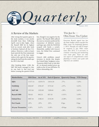 Q uarterl y            B E A C O N H I L L I N V E S T M E N T A D V I S O RY
                                                                                                       Summer 2011




A Review of the Markets                                                          This Just In —
After strong first-quarter gains in    line, though it was negative for the      Ohio Estate Tax Update
the stock markets, it was mostly       quarter. The Russell 2000 suffered
downhill from there. Following         the most as investors preferred the       Governor Kasich signed into law
April’s year-to-date highs, when       reassurance of defensive sectors          the State budget which repealed the
the Russell 2000 hit its highest       and large caps, while the NASDAQ          Ohio estate tax beginning January
level on record, week after week       escaped with barely a scratch.            1, 2013. Though you will no longer
of declines battered all four U.S.     Meanwhile, saddled with Greece’s          be required to pay Ohio estate
indices. However, a rally in June’s    woes, the Global Dow continued            taxes after 2012, it is necessary to
final week left the Dow industrials    to stagger.                               continue reviewing and monitoring
the only one of the four major                                                   your estate plan. Taxes are only
indices with a gain for the quarter,   Greece’s debt problems caused             one aspect of comprehensive estate
taking the lead from the small caps    investors to decide that despite          planning to ensure your goals and
for 2011’s first half.                 the United States’ budgetary woes,        objectives are satisfied.
                                       Treasuries didn’t look so bad after
After breaking below 1,300, the        all. As demand pushed prices up,
S&P 500 barely managed to claw         yields on the 10-year fell below 3%
its way back to that level just        before rebounding a bit.
before crossing the quarter’s finish


 Market/Index             2010 Close     As of 3/31     End of Quarter Quarterly Change YTD Change

 DJIA                     11577.51       12319.73       12414.34              .77%                  7.23%

 NASDAQ                   2652.87        2781.07        2773.52               -.27%                 4.55%

 S&P 500                  1257.64        1325.83        1320.64               -.39%                 5.01%

 Russell 2000             783.65         843.55         827.43                -1.91%                5.59%

 Global Dow               2087.44        2186.41        2134.29               -2.38%                2.24%

 Fed. Funds               .25%           .25%           .25%                  0 bps                 0 bps

 10-year Treasuries       3.30%          3.47%          3.18%                 -29 bps               -12 bps




84 South Fourth Street, Columbus, OH 43215 • (614) 469-4685 • info@BHadvisory.com • www.beaconhilladvisory.com
 