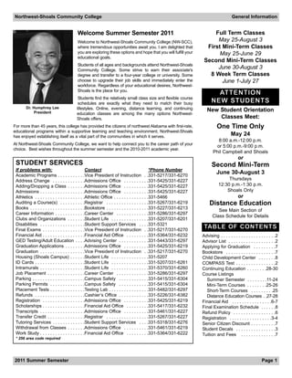 Northwest-Shoals Community College                                                                                                   General Information


                                        Welcome Summer Semester 2011                                                  Full Term Classes
                                        Welcome to Northwest-Shoals Community College (NW-SCC),                        May 25-August 3
                                        where tremendous opportunities await you. I am delighted that              First Mini-Term Classes
                                        you are exploring these options and hope that you will fulfill your             May 25-June 29
                                        educational goals.
                                                                                                                  Second Mini-Term Classes
                                        Students of all ages and backgrounds attend Northwest-Shoals
                                        Community College. Some strive to earn their associate's
                                                                                                                       June 30-August 3
                                        degree and transfer to a four-year college or university. Some              8 Week Term Classes
                                        choose to upgrade their job skills and immediately enter the                     June 1-July 27
                                        workforce. Regardless of your educational desires, Northwest-
                                        Shoals is the place for you.
                                                                                                                         AT T E N T I O N
                                        Students find the relatively small class size and flexible course
                                        schedules are exactly what they need to match their busy                       NEW STUDENTS
       Dr. Humphrey Lee                lifestyles. Online, evening, distance learning, and continuing
            President
                                                                                                                    New Student Orientation
                                       education classes are among the many options Northwest-
                                       Shoals offers.                                                                   Classes Meet:
For more than 45 years, this college has provided the citizens of northwest Alabama with first-rate,                       One Time Only
educational programs within a supportive learning and teaching environment. Northwest-Shoals
has enjoyed establishing itself as a vital part of the communities in which it serves.
                                                                                                                                     May 24
                                                                                                                          8:00 a.m.-12:00 p.m.
At Northwest-Shoals Community College, we want to help connect you to the career path of your
                                                                                                                         or 5:00 p.m.-9:00 p.m.
choice. Best wishes throughout the summer semester and the 2010-2011 academic year.
                                                                                                                        Phil Campbell and Shoals
                                                                                                                                         or
 STUDENT SERVICES                                                                                                      Second Mini-Term
 If problems with:                                Contact                                    *Phone Number
 Academic Programs . . . . . . . . . . .Vice President of Instruction . .331-5217/331-6270
                                                                                                                          June 30-August 3
 Address Change . . . . . . . . . . . . .Admissions Office . . . . . . . . . .331-5425/331-6227                                  Thursdays
 Adding/Dropping a Class . . . . . . .Admissions Office . . . . . . . . . .331-5425/331-6227                                12:30 p.m.-1:30 p.m.
 Admissions . . . . . . . . . . . . . . . . . .Admissions Office . . . . . . . . . .331-5425/331-6227                           Shoals Only
 Athletics . . . . . . . . . . . . . . . . . . . .Athletic Office . . . . . . . . . . . . . .331-5466                                    or
 Auditing a Course(s) . . . . . . . . . .Registrar . . . . . . . . . . . . . . . . .331-5267/331-6219                 Distance Education
 Books . . . . . . . . . . . . . . . . . . . . . .Bookstore . . . . . . . . . . . . . . . . .331-5227/331-6213
                                                                                                                           See Main Section of
 Career Information . . . . . . . . . . . .Career Center . . . . . . . . . . . . .331-5286/331-6297
                                                                                                                        Class Schedule for Details
 Clubs and Organizations . . . . . . .Student Life . . . . . . . . . . . . . . .331-5207/331-6201
 Disabilities . . . . . . . . . . . . . . . . . .Student Support Services . . . .331-5321
 Final Exams . . . . . . . . . . . . . . . . .Vice President of Instruction . .331-5217/331-6270
                                                                                                                  TA B L E O F C O N T E N T S
 Financial Aid . . . . . . . . . . . . . . . . .Financial Aid Office . . . . . . . . .331-5364/331-6232          Advising . . . . . . . . . . . . . . . . . . . . . .2
 GED Testing/Adult Education . . . .Advising Center . . . . . . . . . . . .331-5443/331-6297                     Advisor List . . . . . . . . . . . . . . . . . . .2
 Graduation Applications . . . . . . . .Admissions Office . . . . . . . . . .331-5425/331-6219                   Applying for Graduation . . . . . . . . .7
 Graduation . . . . . . . . . . . . . . . . . .Vice President of Instruction . .331-5217/331-6270                Bookstore . . . . . . . . . . . . . . . . . . . .7
 Housing (Shoals Campus) . . . . . .Student Life . . . . . . . . . . . . . . .331-5207                           Child Development Center . . . . . . .8
 ID Cards . . . . . . . . . . . . . . . . . . . .Student Life . . . . . . . . . . . . . . .331-5207/331-6261     COMPASS Test . . . . . . . . . . . . . . . .2
 Intramurals . . . . . . . . . . . . . . . . . .Student Life . . . . . . . . . . . . . . .331-5370/331-6260      Continuing Education . . . . . . . .28-30
 Job Placement . . . . . . . . . . . . . . .Career Center . . . . . . . . . . . . .331-5286/331-6297             Course Listings
 Parking . . . . . . . . . . . . . . . . . . . . .Campus Safety . . . . . . . . . . . .331-5415/331-6304           Summer Semester . . . . . . . .11-24
 Parking Permits . . . . . . . . . . . . . .Campus Safety . . . . . . . . . . . .331-5415/331-6304                 Mini-Term Courses . . . . . . . .25-26
 Placement Tests . . . . . . . . . . . . . .Testing Lab . . . . . . . . . . . . . . . .331-5482/331-6297           Short-Term Courses . . . . . . . . .25
 Refunds . . . . . . . . . . . . . . . . . . . .Cashier’s Office . . . . . . . . . . . .331-5226/331-6382          Distance Education Courses . .27-28
 Registration . . . . . . . . . . . . . . . . .Admissions Office . . . . . . . . . .331-5425/331-6219            Financial Aid . . . . . . . . . . . . . . . .6-7
 Scholarships . . . . . . . . . . . . . . . . .Financial Aid Office . . . . . . . . .331-5417/331-6232           Final Examination Schedule . . . . . .8
 Transcripts . . . . . . . . . . . . . . . . . .Admissions Office . . . . . . . . . .331-5461/331-6227           Refund Policy . . . . . . . . . . . . . . . . .6
 Transfer Credit . . . . . . . . . . . . . . .Registrar . . . . . . . . . . . . . . . . .331-5267/331-6227       Registration . . . . . . . . . . . . . . . . .3-4
 Tutoring Services . . . . . . . . . . . . .Student Support Services . . . .331-5318/331-6276                    Senior Citizen Discount . . . . . . . . . .7
 Withdrawal from Classes . . . . . . .Admissions Office . . . . . . . . . .331-5461/331-6219                     Student Decals . . . . . . . . . . . . . . . .3
 Work Study . . . . . . . . . . . . . . . . . .Financial Aid Office . . . . . . . . .331-5364/331-6222           Tuition and Fees . . . . . . . . . . . . . .7
 * 256 area code required




2011 Summer Semester                                                                                                                                      Page 1
 