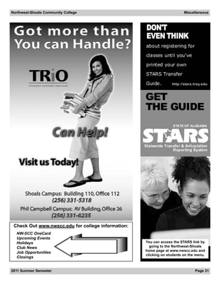 Northwest-Shoals Community College                                       Miscellaneous




                                                                  http://stars.troy.edu




 Check Out www.nwscc.edu for college information:
  NW-SCC OneCard
  Upcoming Events
  Holidays                                          You can access the STARS link by
  Club News                                           going to the Northwest-Shoals
                                                    home page at www.nwscc.edu and
  Job Opportunities
                                                    clicking on students on the menu.
  Closings


2011 Summer Semester                                                           Page 31
 