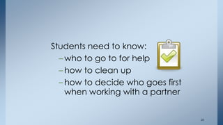 Students need to know:
– who to go to for help
– how to clean up
– how to decide who goes first
when working with a partner
20
 