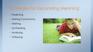 Strategies for Expanding Meaning
• Predicting
• Making Connections
• Inferring
• Synthesizing
• Analyzing
• Critiquing
 