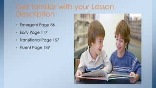 • Emergent Page 86
• Early Page 117
• Transitional Page 157
• Fluent Page 189
Get familiar with your Lesson
Description
 