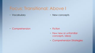 Focus: Transitional: Above I
• Vocabulary
• Comprehension
• New concepts
• Fiction
• Few new or unfamiliar
concepts, ideas
• Comprehension Strategies
 