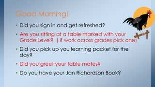 Good Morning!
• Did you sign in and get refreshed?
• Are you sitting at a table marked with your
Grade Level? ( if work across grades pick one)
• Did you pick up you learning packet for the
day?
• Did you greet your table mates?
• Do you have your Jan Richardson Book?
 