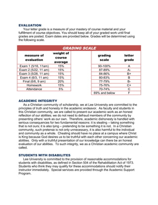 EVALUATION
Your letter grade is a measure of your mastery of course material and your
fulfillment of course objectives. You should keep all of your graded work until final
grades are posted. Exam dates are provided below. Grades will be determined using
the following scale.
GRADING SCALE
measure of
evaluation
weight of
course
average
grading
scale
letter
grade
Exam 1 (5/16, 11am) 15% 90-100% A
Exam 2 (5/22, 11 am) 15% 87-89% A-
Exam 3 (5/28, 11 am) 15% 84-86% B+
Exam 4 (6/3, 11 am) 15% 80-83% B
Final (6/6, 9 am) 20% 77-79% B-
Homework 15% 75-76% C+
Attendance 5% 70-74% C
69% and below F
ACADEMIC INTEGRITY
As a Christian community of scholarship, we at Lee University are committed to the
principles of truth and honesty in the academic endeavor. As faculty and students in
this Christian community, we are called to present our academic work as an honest
reflection of our abilities; we do not need to defraud members of the community by
presenting others’ work as our own. Therefore, academic dishonesty is handled with
serious consequences for two fundamental reasons: it is stealing – taking something
that is not ours; it is also lying – pretending to be something it is not. In a Christian
community, such pretense is not only unnecessary, it is also harmful to the individual
and community as a whole. Cheating should have no place at a campus where Christ
is King because God desires us to be truthful with each other concerning our academic
abilities. Only with a truthful presentation of our knowledge can there be an honest
evaluation of our abilities. To such integrity, we as a Christian academic community are
called.
STUDENTS WITH DISABILITES
Lee University is committed to the provision of reasonable accommodations for
students with disabilities, as defined in Section 504 of the Rehabilitation Act of 1973.
Students who think they may qualify for these accommodations should notify their
instructor immediately. Special services are provided through the Academic Support
Program.
 