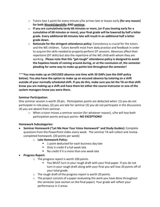 o Tutors lose 1 point for every minute s/he arrives late or leaves early (for any reason)
for both WoodsEdgeshifts AND seminar.
o If you are cumulatively tardy 60 minutes or more, (or if you leaving early for a
cumulative of 60 minutes or more), your final grade will be lowered by half a letter
grade. Every additional 60 minutes late will result in an additional half a letter
grade down.
o Rationale for the stringent attendance policy: Consistency is crucial for the tutors
and the WE children. Tutors benefit most from daily practice and feedback in order
to acquire the skills needed to properly perform DT sessions. Absences affect their
repertoire (DT skills) but also the repertoire of the WE child with whom they are
working. Please note that this “get-tough” attendance policy is designed to avoid
the hopeless hassle of coming around during, or at the conclusion of, the semester
pleading for some way to make up points lost throughout the semester!
***You may make up an EXCUSED absence one time with 20 OAPs (see the OAP policy
below). You also have the option to make up an excused absence by tutoring on a shift
outside of your normally scheduled shift. If you do this, make sure you let the TA on that shift
know you are making up a shift and have them let either the course instructor or one of the
system managers know you were there.
Seminar Participation:
One seminar session is worth 20 pts. Participation points are deducted when: (1) you do not
participate in role plays, (2) you are late for seminar (3) you do not participate in the discussions
(4) you are absent from seminar.
o When a tutor misses a seminar session (for whatever reason), s/he will lose both
participation points and quiz points--NO EXCEPTIONS!
Homework Subcategories:
Seminar Homework (“Let Me Hear Your Voice Homework” and Study Guides): Complete
questions from the PowerPoint slides every week. The seminar TA will collect and review
completed homework. (20 points per week)
o Late Homework Policy:
 1 point deducted for each business day late
 Only ½ credit if a full week late
 No credit if it is more than one week late
Progress Report:
o The progress report is worth 100 points.
 You MUST turn in your rough draft with your final paper. If you do not
turn in your rough draft along with your final you will lose 20 points off of
your total grade.
o The rough draft of the progress report is worth 20 points.
o The project consists of a paper evaluating the work you have done throughout
the semester (see section on the final paper). Your grade will reflect your
performance in 2 areas:
 