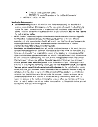  STYLE: 30 points (grammar, syntax)
 CONTENT: 70 points (description of the child and the graphs)
o LATE DRAFT: -10pts per day
Monitoring Subcategories:
Session Monitoring: Your TA will monitor your performance during the discrete-trial
sessions approximately 2-3 times per week. The Supervisor will provide feedback to help
ensure the correct implementation of procedures. Each monitoring score is worth 100
points. The score is determined by the evaluation of your supervisor. You will lose 2 points
for each error you make.
NOTE: The first two monitoring sessions will not count toward the final monitoring grade.
For these two practice sessions you should ask your Supervisor to monitor difficult
procedures. It is to your advantage (and it will benefit your child) to ask your Supervisor to
monitor problematic procedures. After the second session monitored, all sessions
monitored will count toward your monitoring grade.
Monitoring outside of the booth: You will also be monitored outside of the booth for extra
reinforcement of appropriate behavior. Activities outside of the booth are transitions, play
time, speech time, etc. Your responsibility outside of the booth is to reinforce your child’s
appropriate behavior approximately twice per minute. Your performance may be monitored
by your Supervisor anytime during your shift. If your average reinforcement rate is lower
than twice every minute, you will lose 2 monitoring points. If it is lower than once every
minute, you will lose 4 monitoring points. If you don’t reinforce your child’s appropriate
behavior at all during the monitoring session, you will lose three PROFESSIONALISM points.
Warning for too many IP (Implementation Problem) codes - By the end of the first month
of the practicum, you should be able to complete all the discrete trials sessions as they are
scheduled. It is important to try your best to complete all the procedures specified in the
schedule. You should inform your TA and make the necessary changes when you are not
able to complete more than a couple of procedures a day continuously. When your TA
warns you because of the number of incomplete sessions (often but not necessarily more
than 3 IP codes), and you are still not making enough efforts to follow the schedule, you will
lose 3 points from your monitoring score.
 